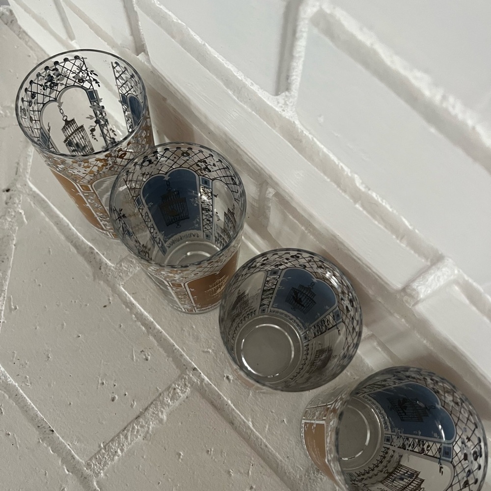 Vintage MCM 22 Karat Gold Rocks Glasses Blue Birdcage Set of 4 Georges Briard - Picture 14 of 14